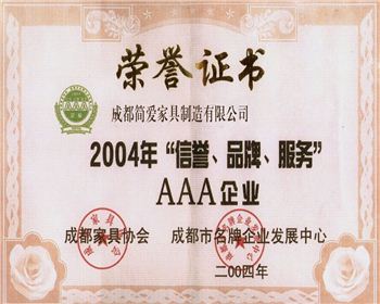 成都現(xiàn)代辦公家具公司榮譽證書